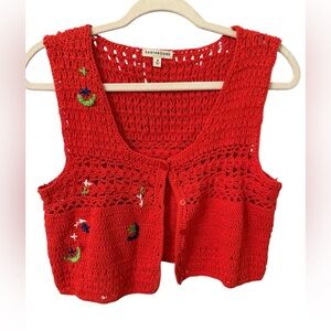 Earthbound Trading Sweater Co Crochet Embroidered Vest – Red – Size S